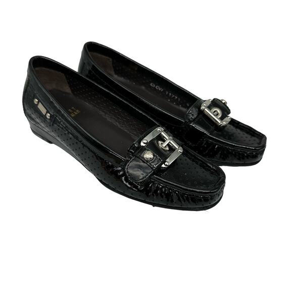Stuart Weitzman Black Patent Leather Loafers Flats Front Buckle Womens Size 4M - Picture 1 of 16